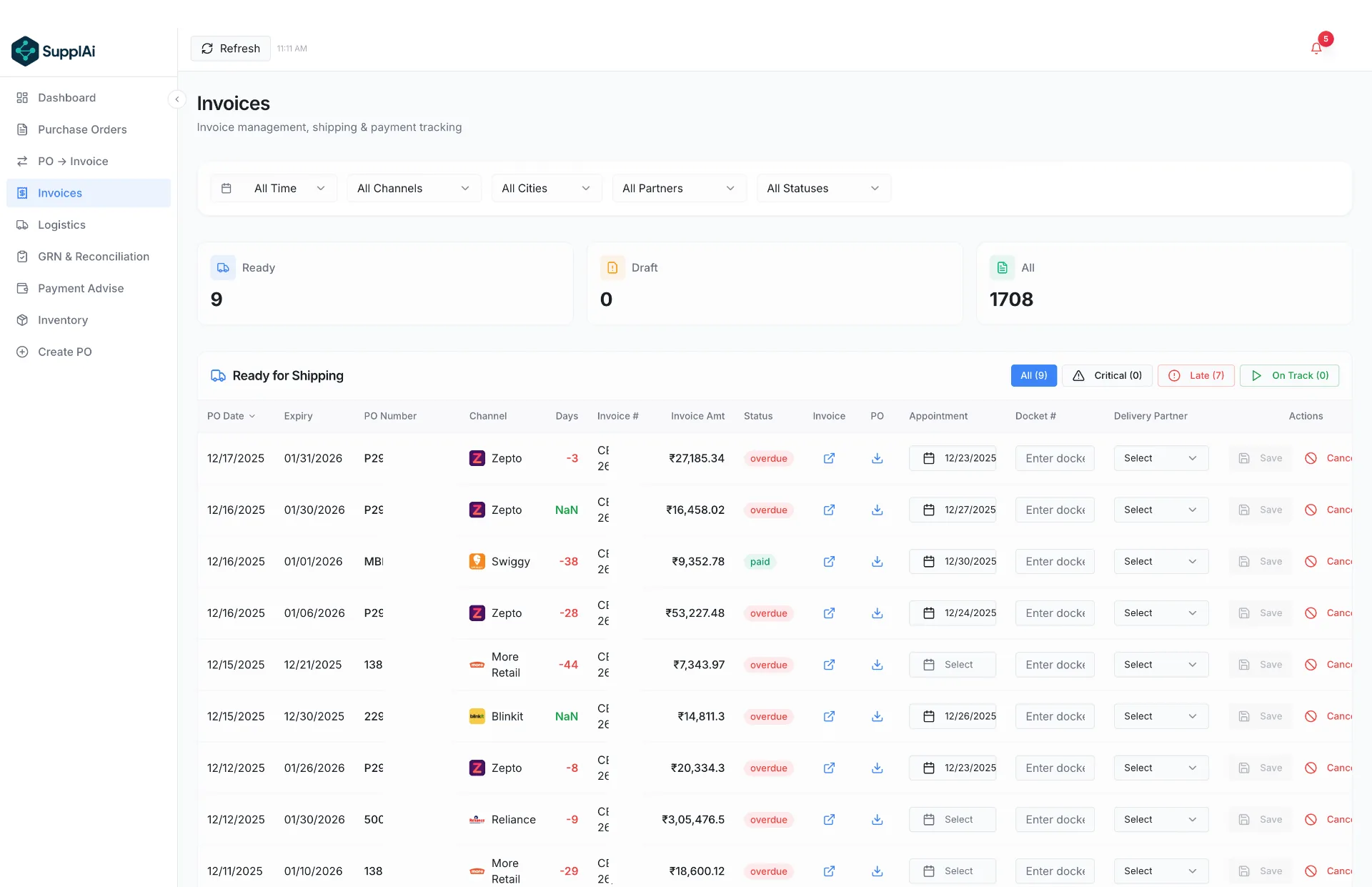 SupplAi invoices dashboard showing invoice status and mismatch detection