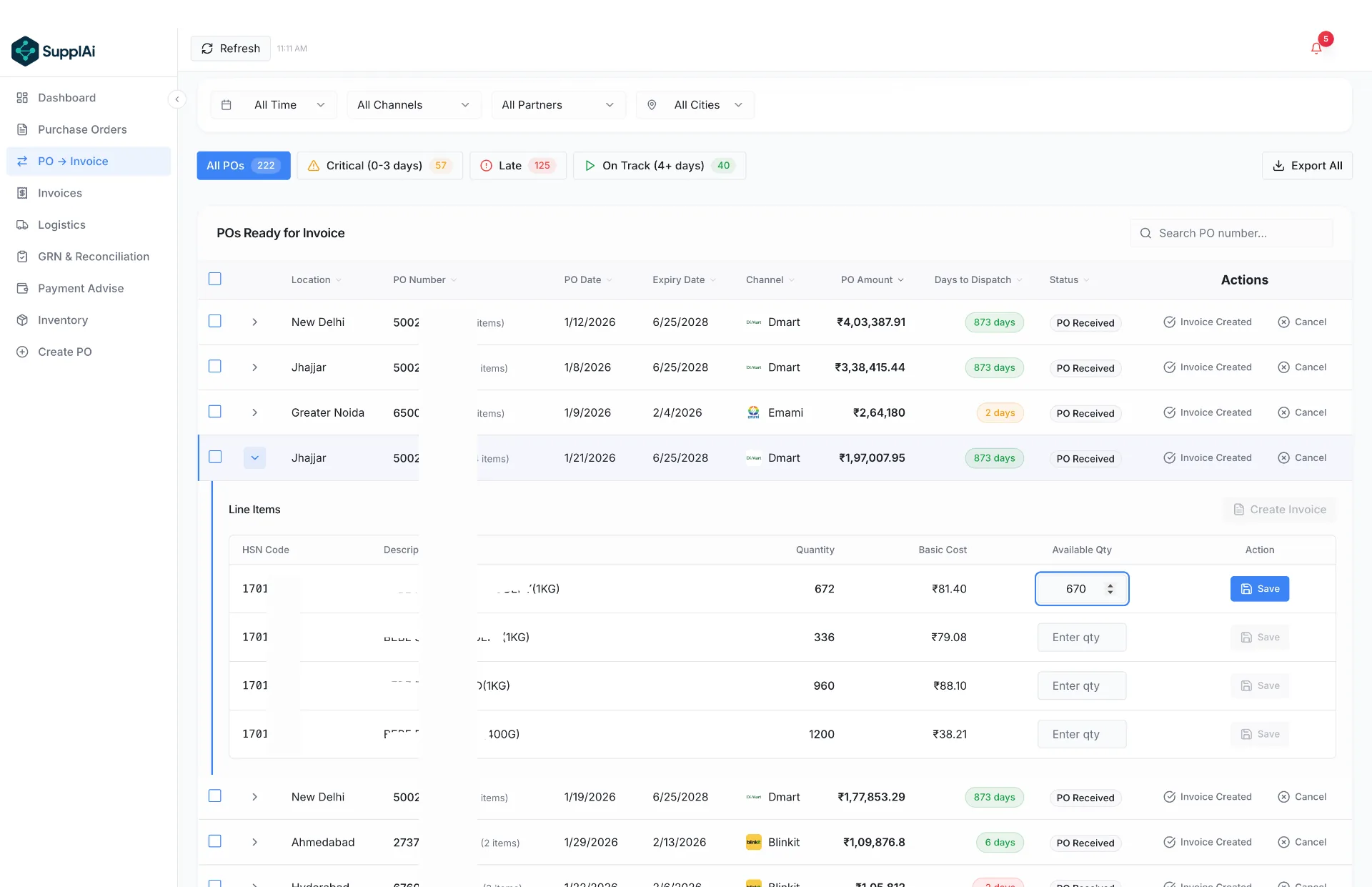 SupplAi PO to invoice screen showing invoice creation from matched purchase order data